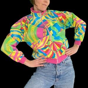 Vintage 90a Fiorucci Sports Multicolor Zip-Up Bomber Jacket pink Made in Japan